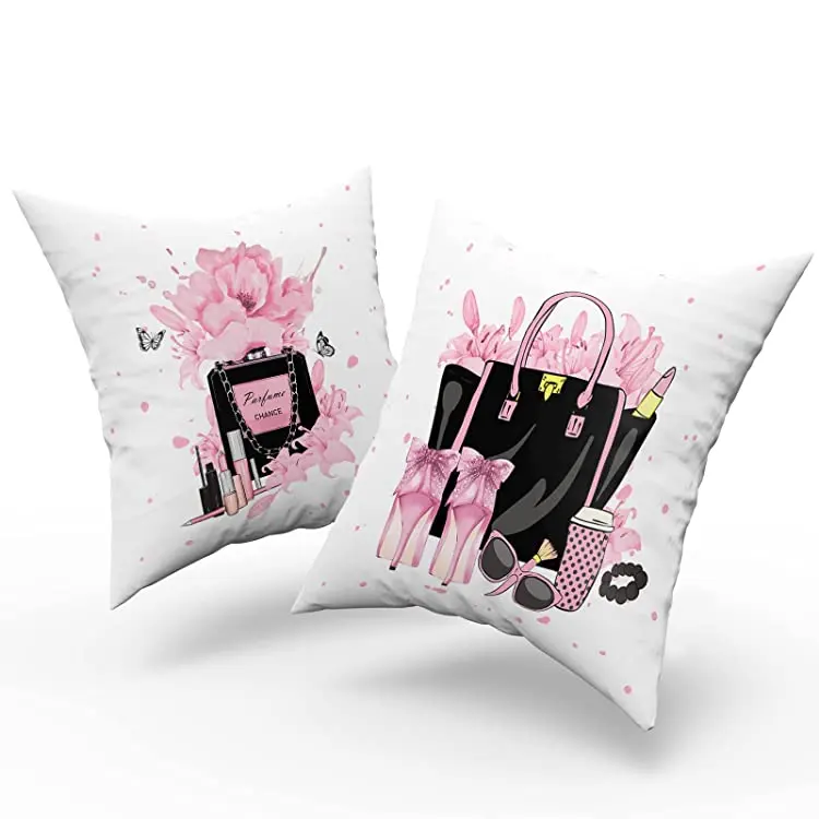 Pink High-heeled Shoes Bottles Romantic Perfume Flower Pillow Case