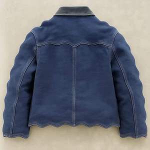 Veste en jean personnalisée pour homme, effet délavé, avec bordure ondulée, en jean bleu, épaisse, thermique, décontractée, en coton - Product Image 2