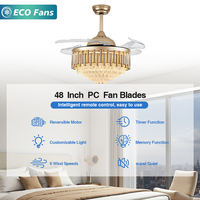 Ventilateur de plafond LED de luxe moderne avec lumières, lustre suspendu rétractable doré fantaisie en cristal pour la maison, vente en gros