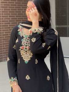 Designer Heavy Embroidery Sequence Work Top-Sharara Dupatta Indian & Pakistani Party Wear with <b>Lace</b> <b>Sleeves</b> Made Chinon Silk - Product Image 2