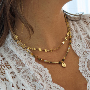 Tiger's Eye Natural Stone <b>Beaded</b> <b>Necklace</b> With Gold Pendant For Fashion Jewelry - Product Image 2