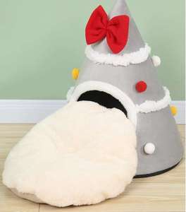 Cama para Gatos con Forma de Árbol de Navidad, Cálida para Invierno, Ecológica, Cama Sólida para Mascotas, con Lazo de Peluche, Cama para Gatos Tipo Yurta Mongol, Nido Seguro - Product Image 3