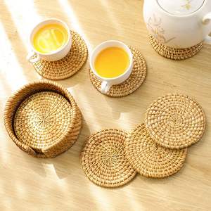 Dessous de verre en rotin tissé naturel Dessous de plat rond résistant à la chaleur pour tasses à thé pour table de cuisine-Ensemble de tapis - Product Image 5