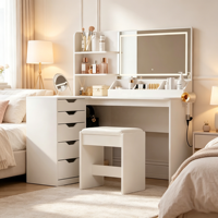 Table de maquillage moderne blanche avec miroir à lumière LED, 5 tiroirs et étagères de rangement, assemblée pour une utilisation dans la chambre à coucher et la salle de bain