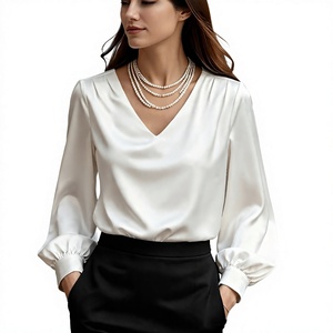 Blusa de Satén para Mujer, Cuello en V, Manga Larga, Holgada, para Primavera y Otoño, Oficina, Trabajo - Product Image 4