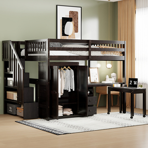 Cama alta tamaño completo con escaleras, estantería, cajones, escritorio, armario, muebles multifuncionales que ahorran espacio para niños y adolescentes - Product Image 1