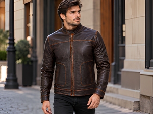 Blouson moto en cuir marron pour homme, col montant, fermeture éclair, coupe ajustée, longueur standard, couleur unie, automne - Product Image 1