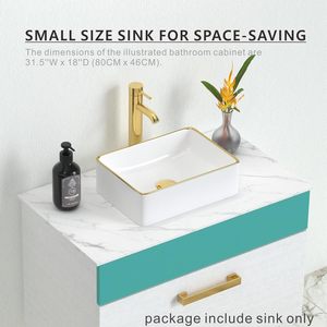 Lavabo de baño de cerámica de porcelana blanca de 14,5 ''X 10,6'', lavabo de <span class=keywords><strong>tocador</strong></span> de recipiente pequeño, lavabo Rectangular, lavabo de mano <span class=keywords><strong>con</strong></span> adorno <span class=keywords><strong>dorado</strong></span> - Product Image 4