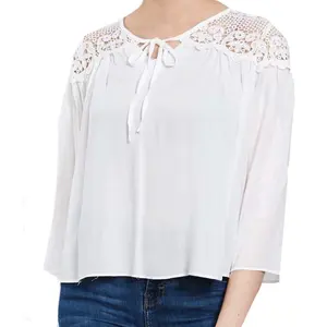 Women's Lace And Ties 3/4 Sleeve Top Shirt Loose Casual Tunic Blouse