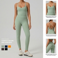 Set Yoga 2 Potong Wanita, Bra Olahraga Kerah Bulat Bentuk Hati Lembut, Tali Spaghetti, Pinggang Tinggi, Menunjang Bentuk Tubuh, Bernapas, Ringan