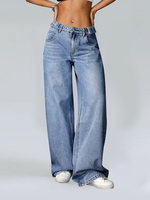 Pantalon en jean décontracté d'été pour femme, coupe ample, tissé, jambe large, délavé, longueur ras du sol, taille basse avec ceinture à trous