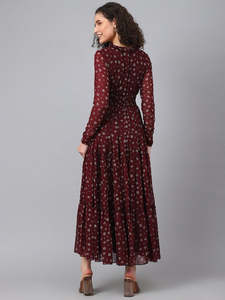 Vestido Midi de Mujer con Estampado Floral, Georgette Dobby, Fruncido, Corte A, Sin Mangas, Cuello en V, Casual, Estilo Western, Acampanado, Otoño, Natural - Product Image 3
