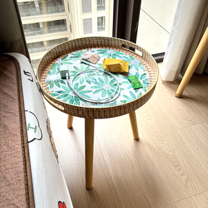 <strong>Round</strong> Plastic Serving <strong>Tray</strong> with Detachable Wood Legs Coffee <strong>Table</strong>, Mosaic Pattern Sofa Side <strong>Table</strong> for Living Room - Product Image 1