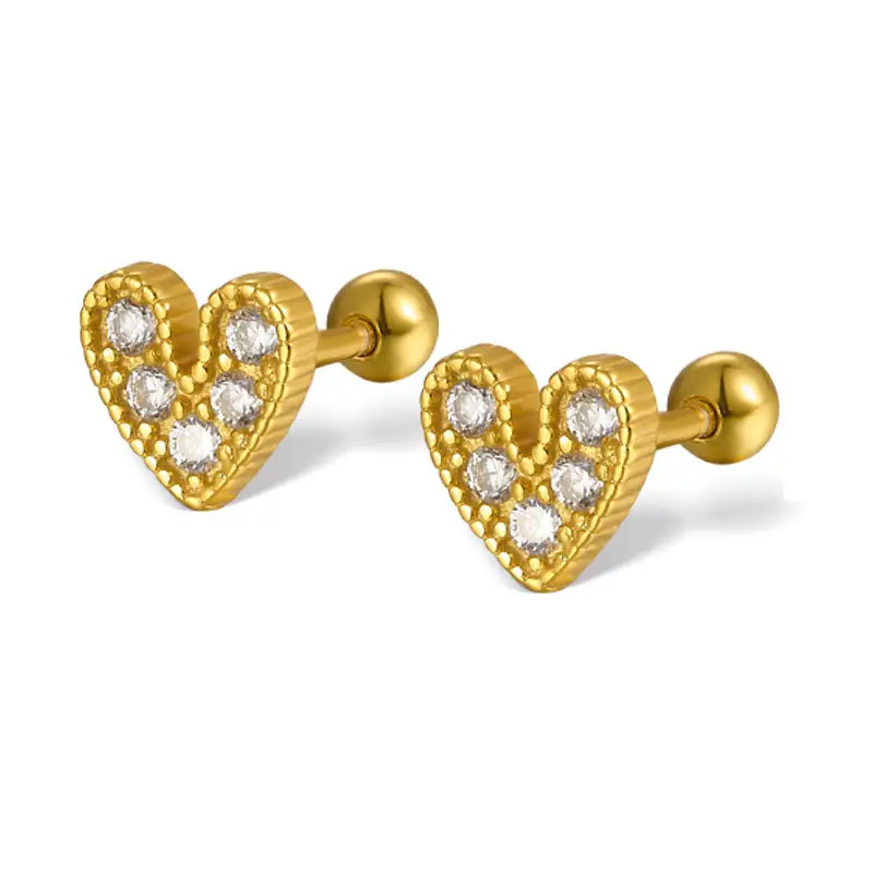 S925 Sterling Silver Advanced Screw Ear Bone Studs Classic Love Heart Shape with Zircon CZ Diamond Stone Elegant Ear Accessory