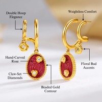 Anting Gantung Oval Berhias Mutiara Ganda dengan Hiasan Bunga Mawar Enamel Merah Berlapis Emas 18K dan Kuningan Berkualitas Tinggi dari Mylove Custom, Grosir