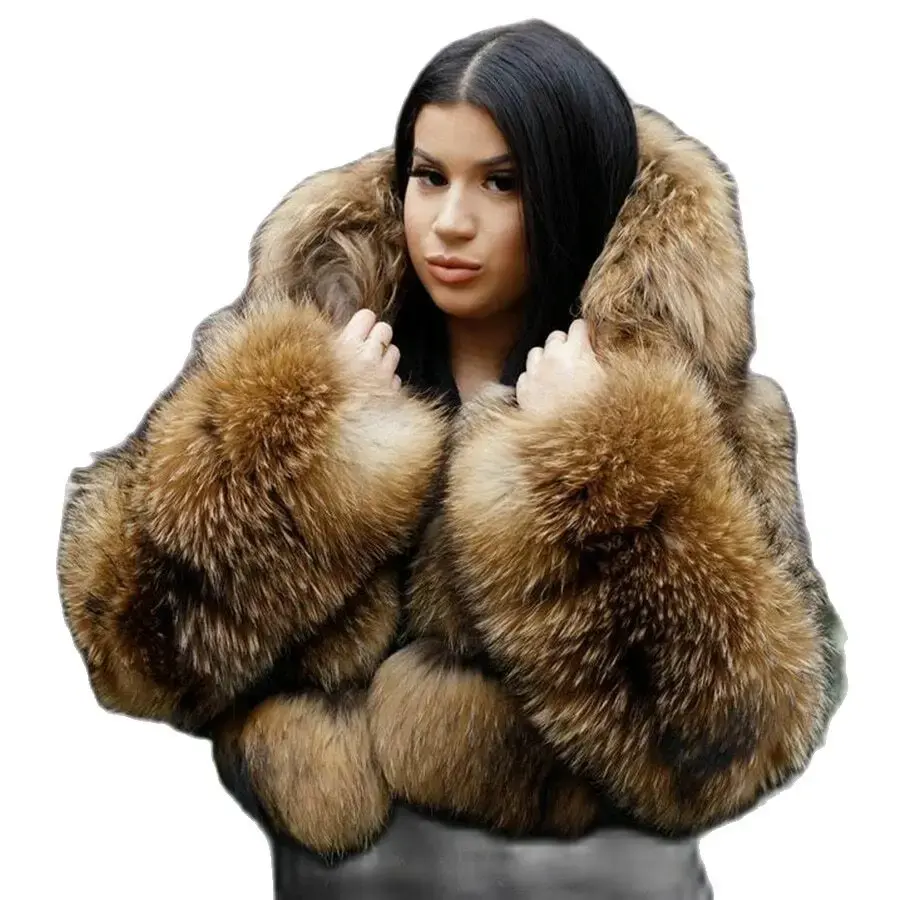 Cappotto di pelliccia di cane procione naturale alla moda invernale con cappuccio grande, cappotti di pelliccia di lusso alla moda, giacca di vera pelliccia corta