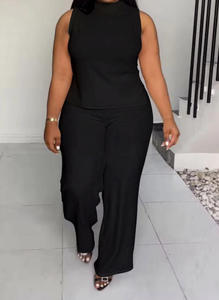 Completo da <span class=keywords><strong>donna</strong></span> taglie forti africano estivo tinta unita <span class=keywords><strong>elegante</strong></span> <span class=keywords><strong>casual</strong></span> da ufficio e da strada senza maniche con 2 pantaloni - Product Image 3