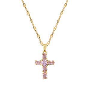 Collar con Colgante de Acero Inoxidable con Circonitas Cúbicas para Mujer, Chapado en Oro de 18K, Cadena con Cruz de Circonitas Cúbicas, Estilo Cristiano Católico - Product Image 6