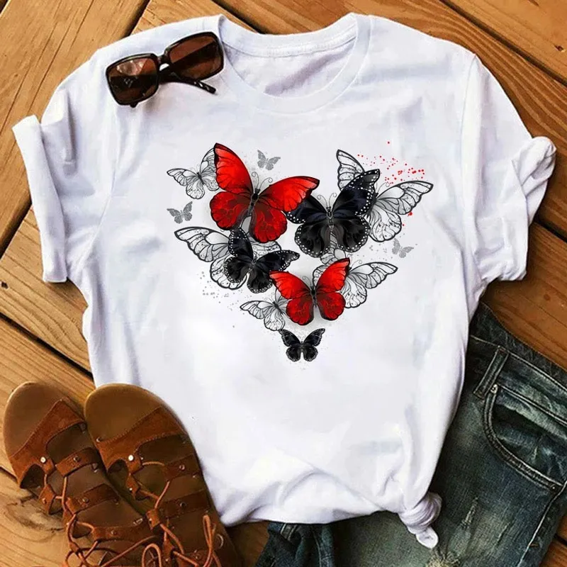 Woman Butterfly Tree Print Harajuku Summer Tshirts Casual Round Neck Short Top Tee Shirt Women Black T-shirt Drop Ship