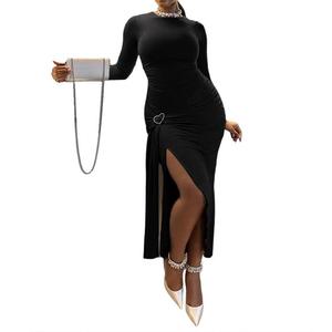 Nouvelle Arrivée Robe Longue Décontractée Écologique Couleur Unie Manches Longues Fente Asymétrique Boucle Moulante Automne Tendance - Product Image 1