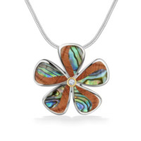 Collier pendentif fleur de frangipanier en argent sterling 925, bois de Koa hawaïen et coquille d'ormeau, bijoux des Caraïbes