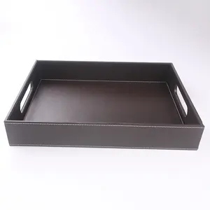 Living Room Coffee Table Black Sturdy Organizer Leather Serving Tray With Handles