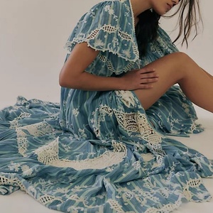 Vestido Midi Casual de Verano con Cuello en V y Bordado Floral Romántico para Mujer, Vestido de Encaje con Mangas Abullonadas y Corte Imperio - Product Image 2