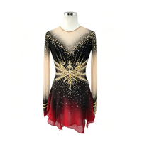 Robe de patinage artistique à manches longues en maille, dégradé noir et rouge, col en V, dos profondement ouvert, ornée de strass dorés, pour performance