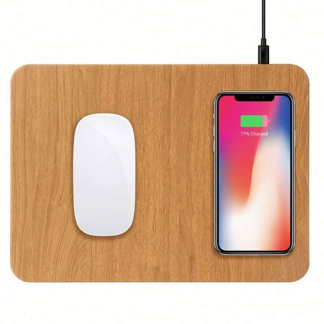 2 in 1 Mouse Pads 15W PU Leather Wood Fast Wireless Desktop Charger KC Certified Mouse Pad with Wireless Charger