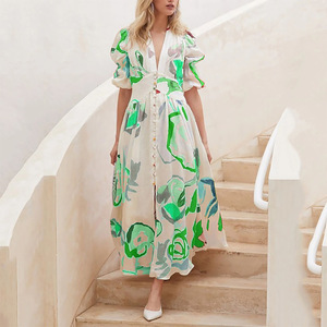 Women V Neck Puff Short Sleeve Maxi <b>Dress</b> All Over Print Front Button Swing <b>Long</b> <b>Beach</b> <b>Dress</b> - Product Image 5