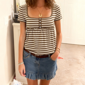 เสื้อยืดผู้หญิงฤดูร้อนลำลองคอเหลี่ยมปุ่มด้านหน้าเอ-ไลน์ลายทางแขนสั้นเสื้อสาวหวาน - Product Image 4