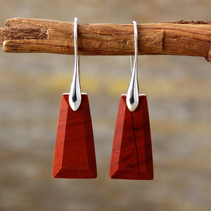 Geometric Wood Pendant Earrings <b>Red</b> Silver Women's Fashion Jewelry - Product Image 1