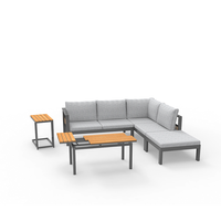 Ensemble de canapé d'angle en rotin avec structure en aluminium Dwoo, 5 pièces, avec table basse en WPC relevable et coussins épais de 8 cm pour la terrasse et le jardin