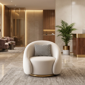 Fauteuil d'appoint Teddy Boucle en forme de baril, fauteuil enveloppant incurvé avec base ronde dorée, canapé individuel pour hôtel et réception - Product Image 1