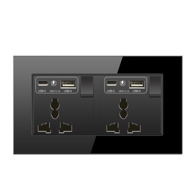3 Pin Universal Wall Socket 220V Fast Chage Type c Usb Socket Glass Double Wall Mounted Switch Dual Electric Socket