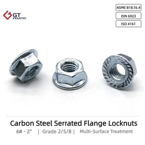 Proveedor de Fábrica ASME B18.16.4 B18.2.2 ISO 4161 Grado 2/5/8 6 # Tuerca hexagonal dentada de acero al carbono con brida hexagonal de 2'' chapada en zinc - Product Image 1