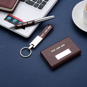 <b>Personalized</b> Business Gift Set PU Leather Engraved Card Holder Pen <b>Keychain</b> for Men-Corporate Branding Available Digital - Product Image 1