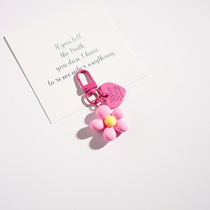 Solid Color Flower Keychain Glossy Metal Floral Pendant with Engraved Heart <b>Tag</b> Spring Clip Hook for Handbag Ornament - Product Image 3