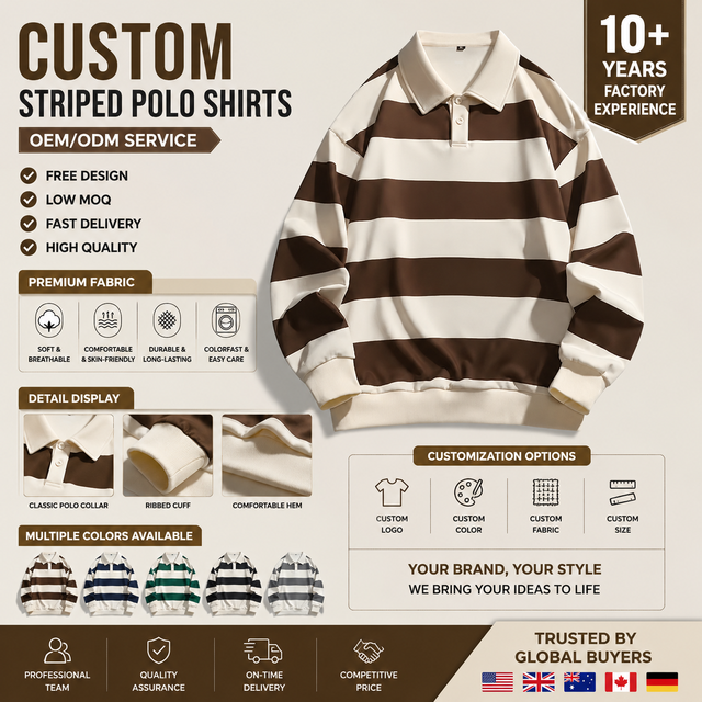Custom Mens Vintage Print Oversized Embroidery Lapel Thermal Striped Polo Shirts Button up Rugby Jersey Long Sleeve Rugby Shirt