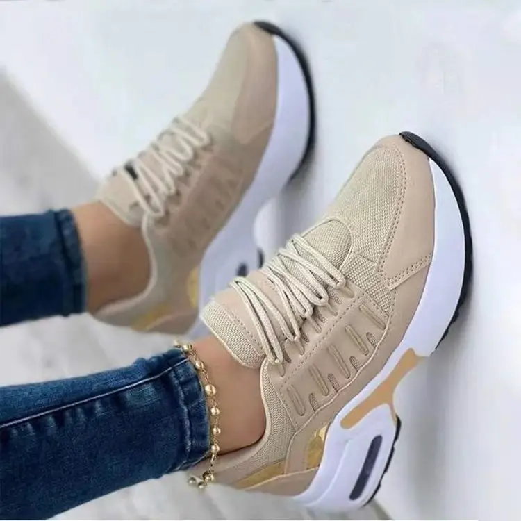 2022 New Large Size Casual Sports Shoes Mesh Breathable Women's Sneakers WF221030 Woven Wedge Heel Round Toe Lace OEM Rubber