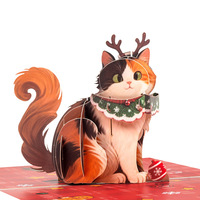 Kertas Merah Potong Tangan 3D Pop Up Desain Rusa Kutub Lucu Kucing Calico Kucing Lucu Dekorasi Natal Hadiah untuk Pecinta Kucing dengan Catatan