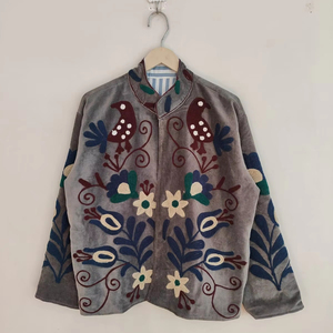 Boho Suzani <b>Velvet</b> <b>Jacket</b> Gray Coat with Colorful Bird Motifs Handmade Gray <b>Velvet</b> Suzani <b>Jacket</b> with Bird & Floral Embroidery - Product Image 1
