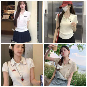 Camiseta de Punto con Cuello Polo Gris Básico de Alta Gama Estilo Retro Americano, de Manga Corta y Hombros Descubiertos para <span class=keywords><strong>Mujer</strong></span>, Diseño Veraniego - Product Image 1