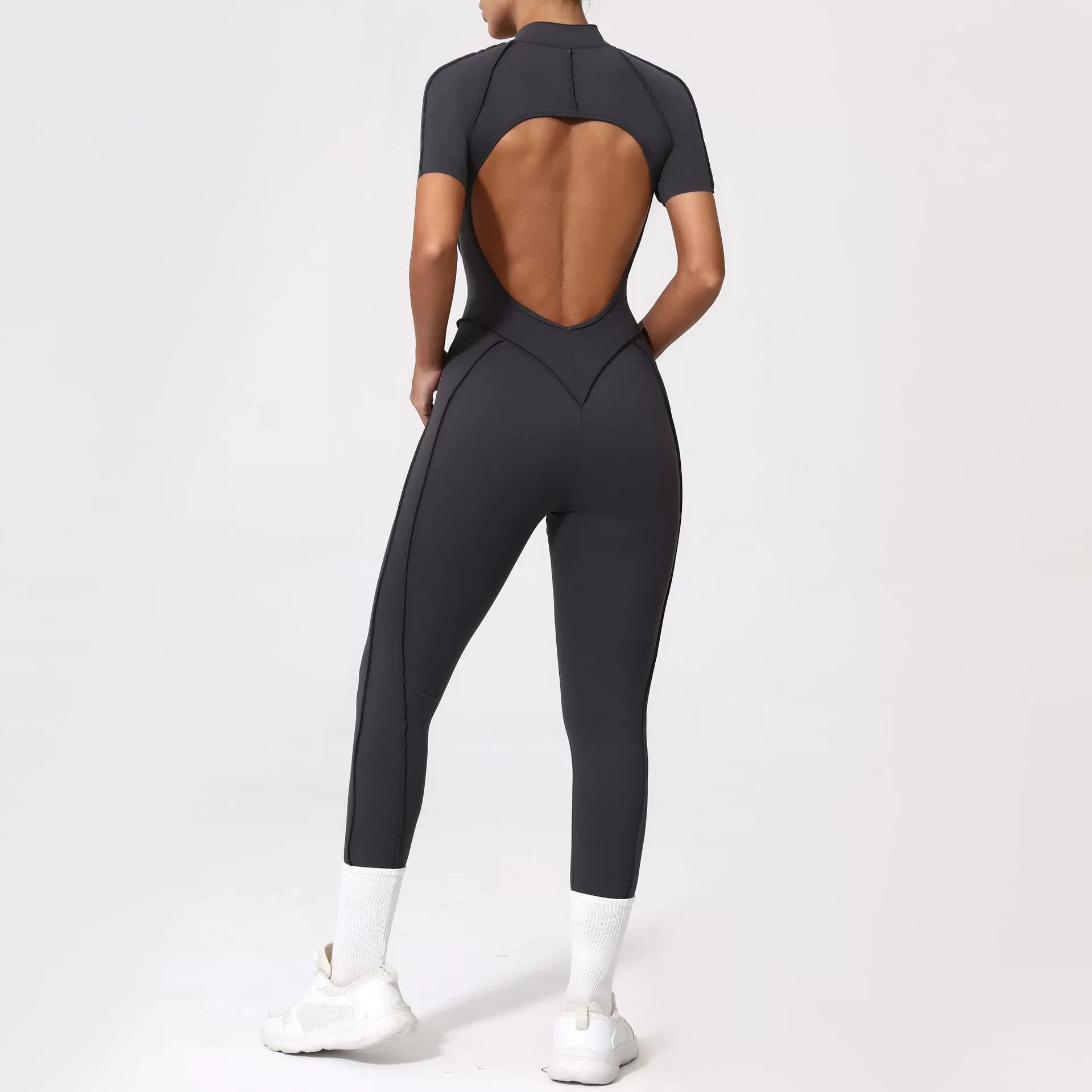 Zip-Up Activewear Jumpsuit: fabric, pocket and construction detail