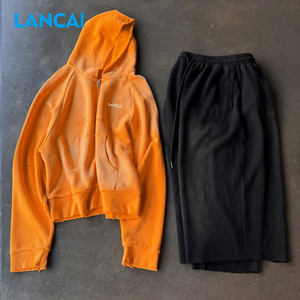 Waffle Zipper Printed 100% Cotton Hoodies Custom Oversized Tracksuits High Quality <b>Zip</b> <b>Hooded</b> Sweatshirt Shorts Set Men - Product Image 1