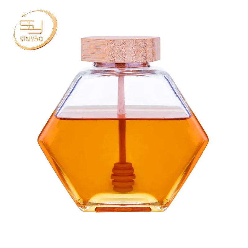 Bocal hexagonal en verre de miel avec couvercle bouteille de rangement en verre, vente en gros