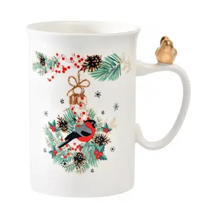 ถ้วยเซรามิกใส่กาแฟสำหรับเทศกาลคริสต์มาสถ้วยหินหรูหราตกแต่งรูปนกสีทองถ้วยชาและนม