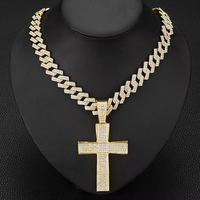 Chaîne cubaine Miami glacée de 15 mm de largeur avec pendentif croix en alliage hip-hop et strass scintillants