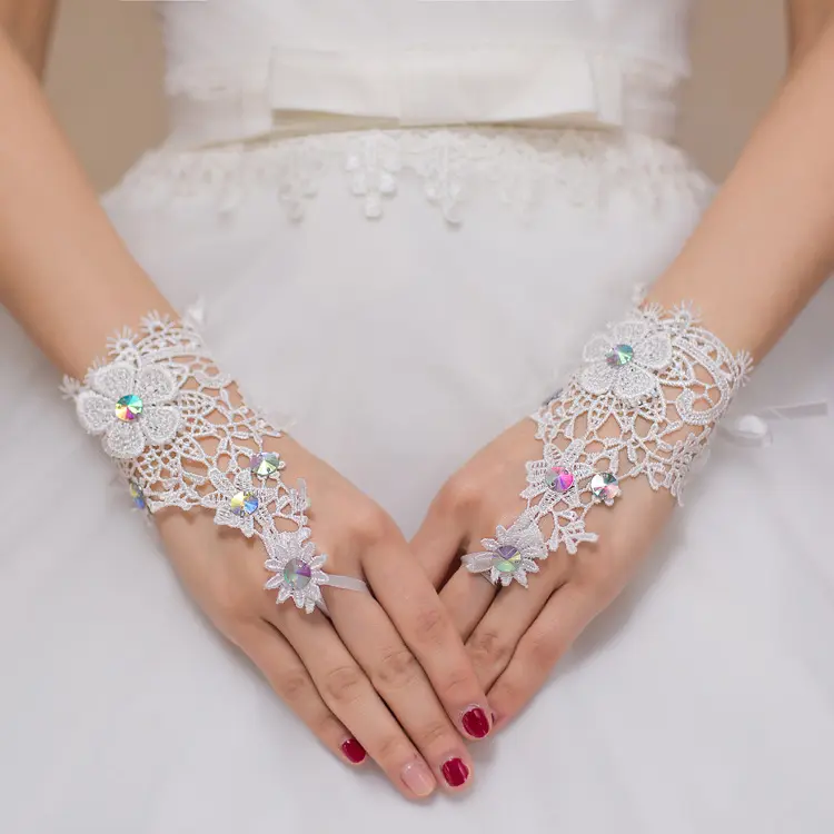 शादी glovebridal लघु शैली सफेद हीरे encrusted ओस उंगली फूल skeletonized शादी की पोशाक सामान पूरे