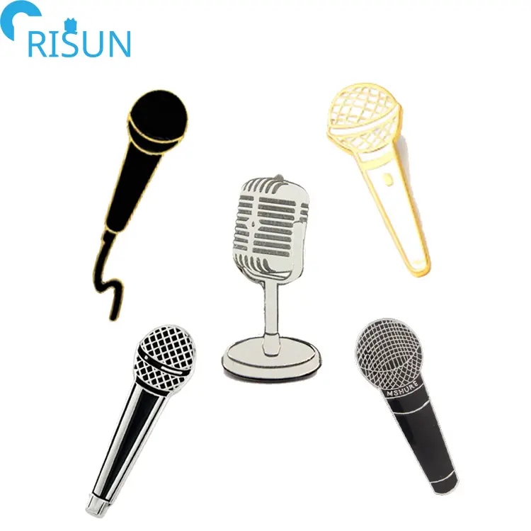 Pinos de microfone de música personalizados, atacado, ouro, esmalte, logotipo personalizado, microfone, pontas de metal, piano, lapela